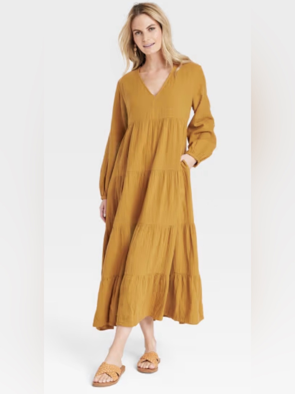 Universal Thread Rust-Toned V-Neck Tiered Maxi Dress 100% Cotton Pockets XXL - Picture 10 of 10